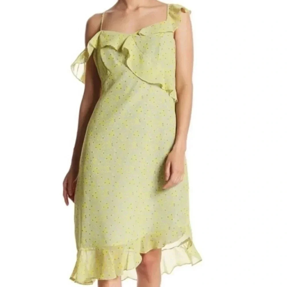 Nanette Lepore Women's Floral Boho Ruffled Midi Dress In Lemon Meringue Size 16.